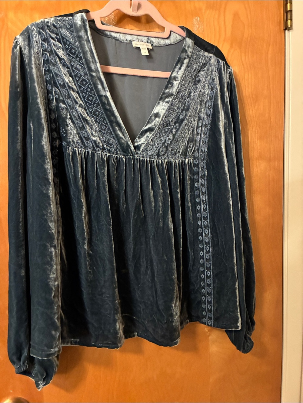 Garnet Hill Velvet V-Neck Smocked Blouse - Teal Blue Sz 14